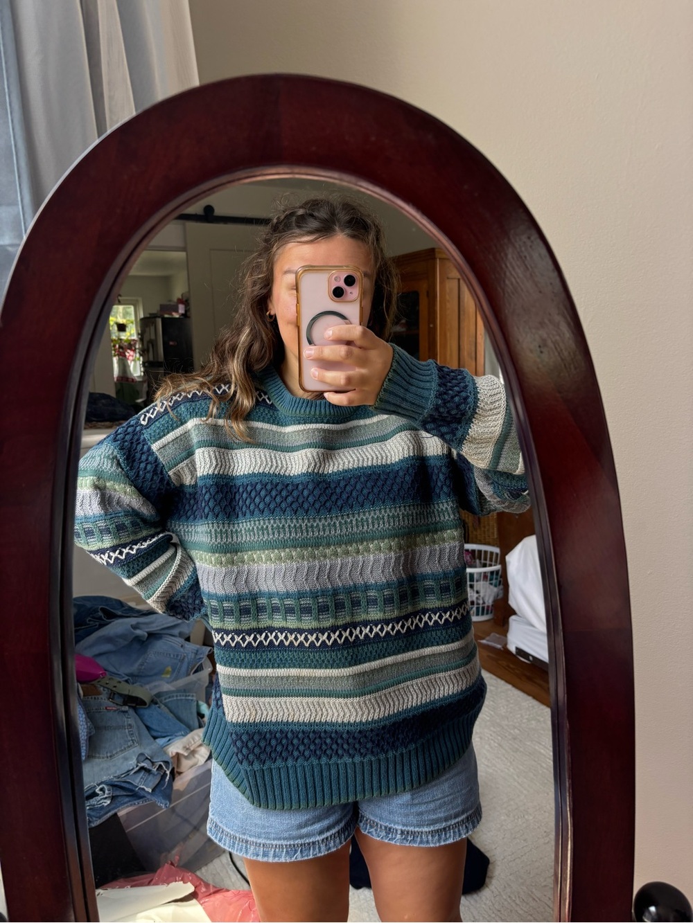 Vintage 90s coogi style 3D knit Cozy Striped Knit Sweater in Teal & Cream
